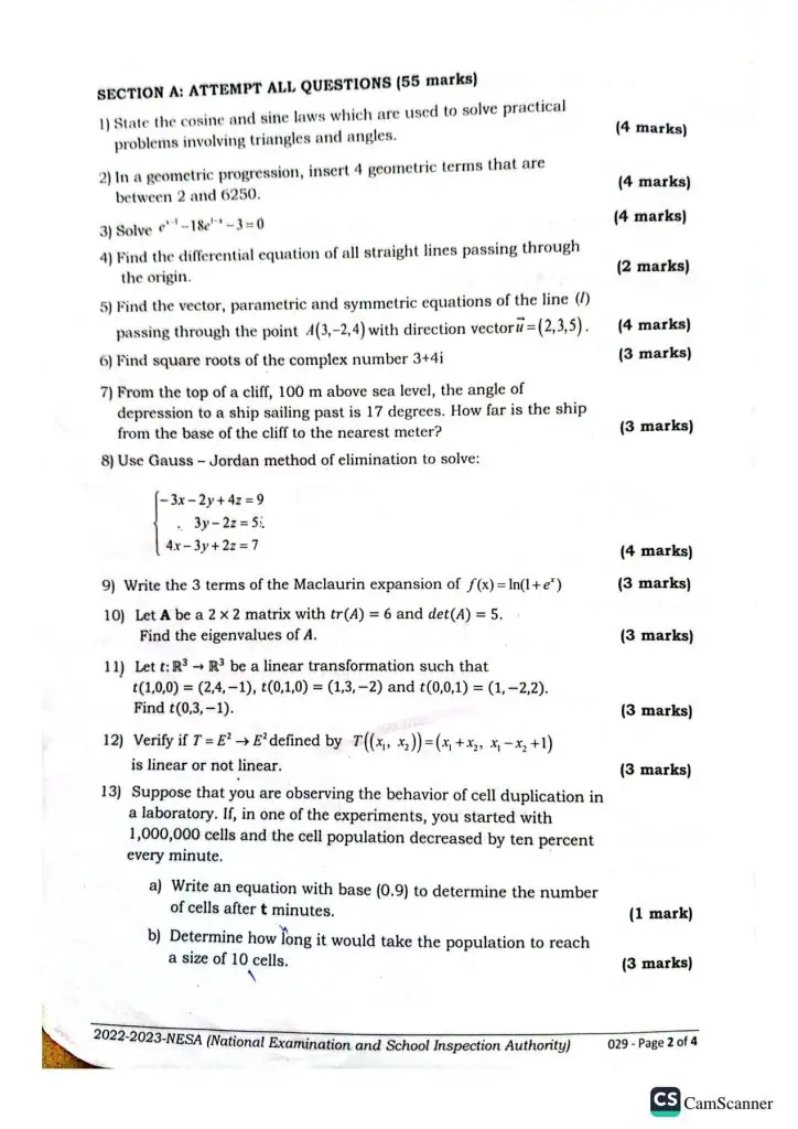 NESA S6 MATHEMATICS NATIONAL EXAMINATION PAST PAPER 2023 NEWS WITHIN