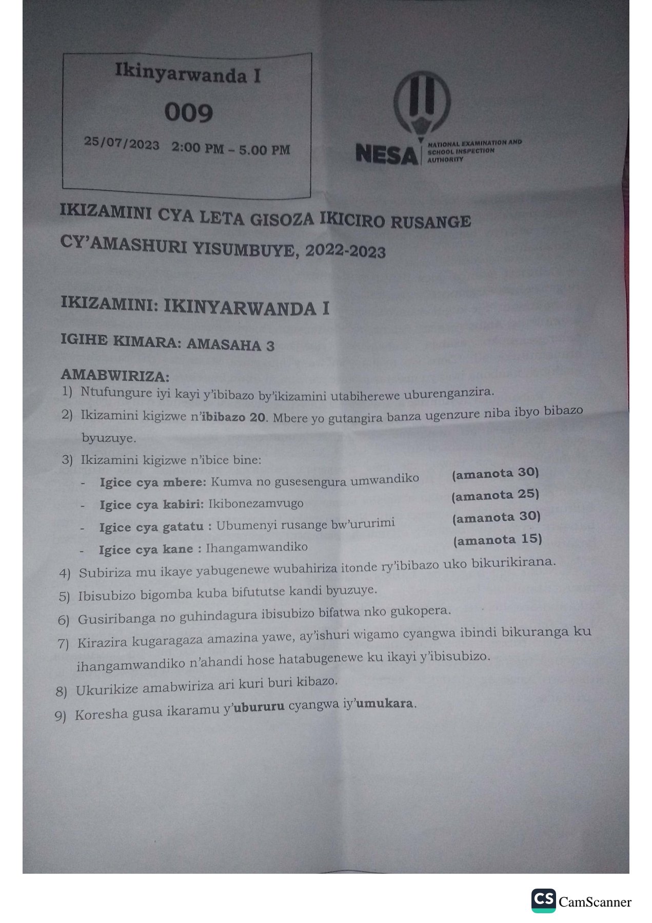 NESA S3 KINYARWANDA NATIONAL EXAMINATION PAST PAPERS 2023. NEWS WITHIN