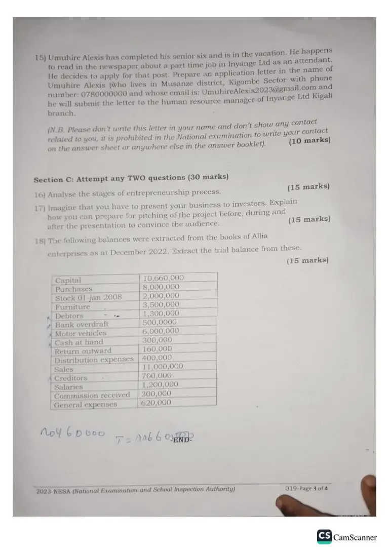 NESA S6 ENTREPRENEURSHIP NATIONAL EXAMINATION PAST PAPERS 2023. NEWS