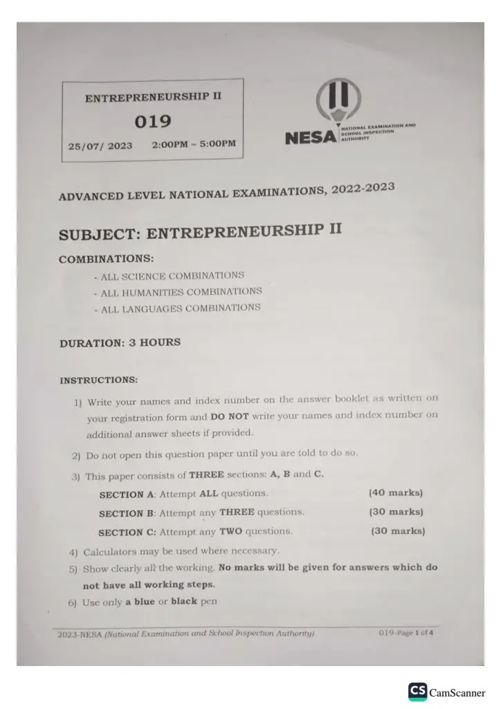 NESA S6 ENTREPRENEURSHIP NATIONAL EXAMINATION PAST PAPERS 2023. NEWS