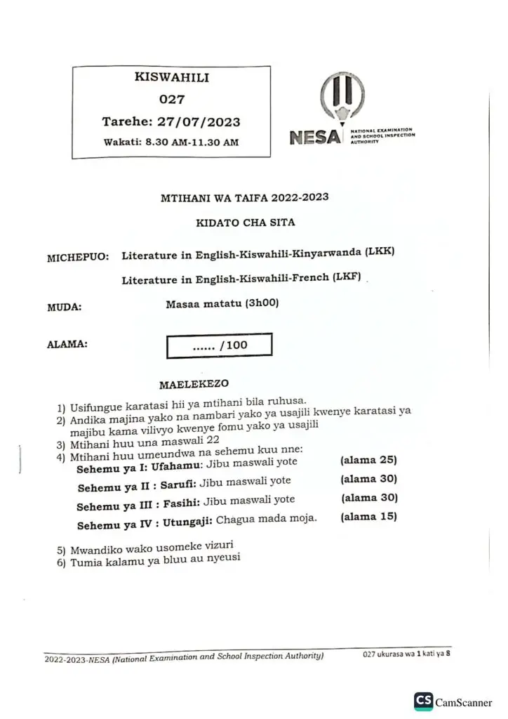 NESA S6 KISWAHILI NATIONAL EXAMINATION PAST PAPERS 2023. NEWS WITHIN