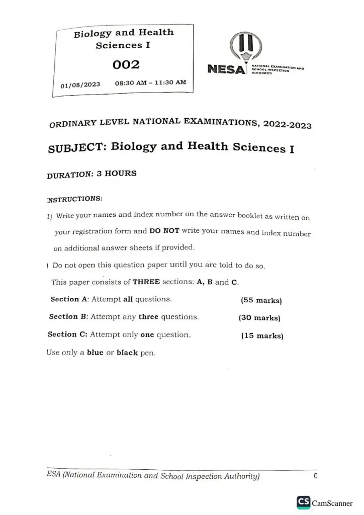 NESA S3 BIOLOGY AND HEALTH SCIENCES NATIONAL EXAMINATION PAST PAPERS